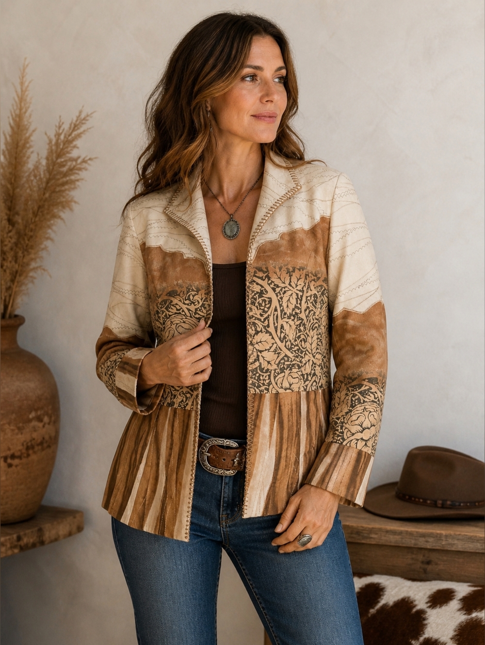 Coldwater Creek Jacket Womens 8 Brown Western Print Structured Blazer Y2K